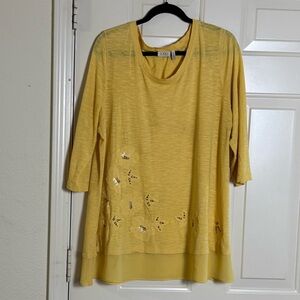 LOGO Women's Yellow 3/4 Sleeve Floral Embroidery Cotton Sheer Tunic Size XL